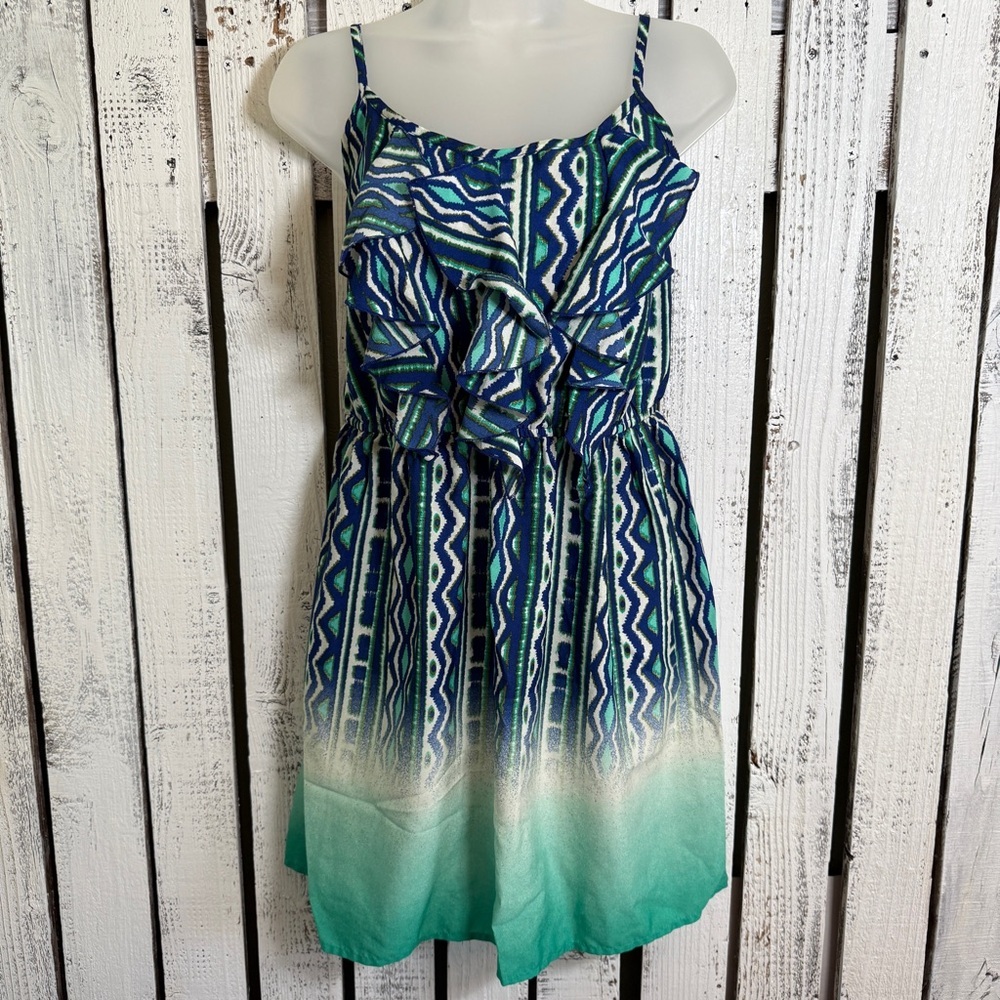 Sequin Hearts Ombre Aztec Print‎ Ruffle Dress Size Large Sleeveless Boho Whimsy